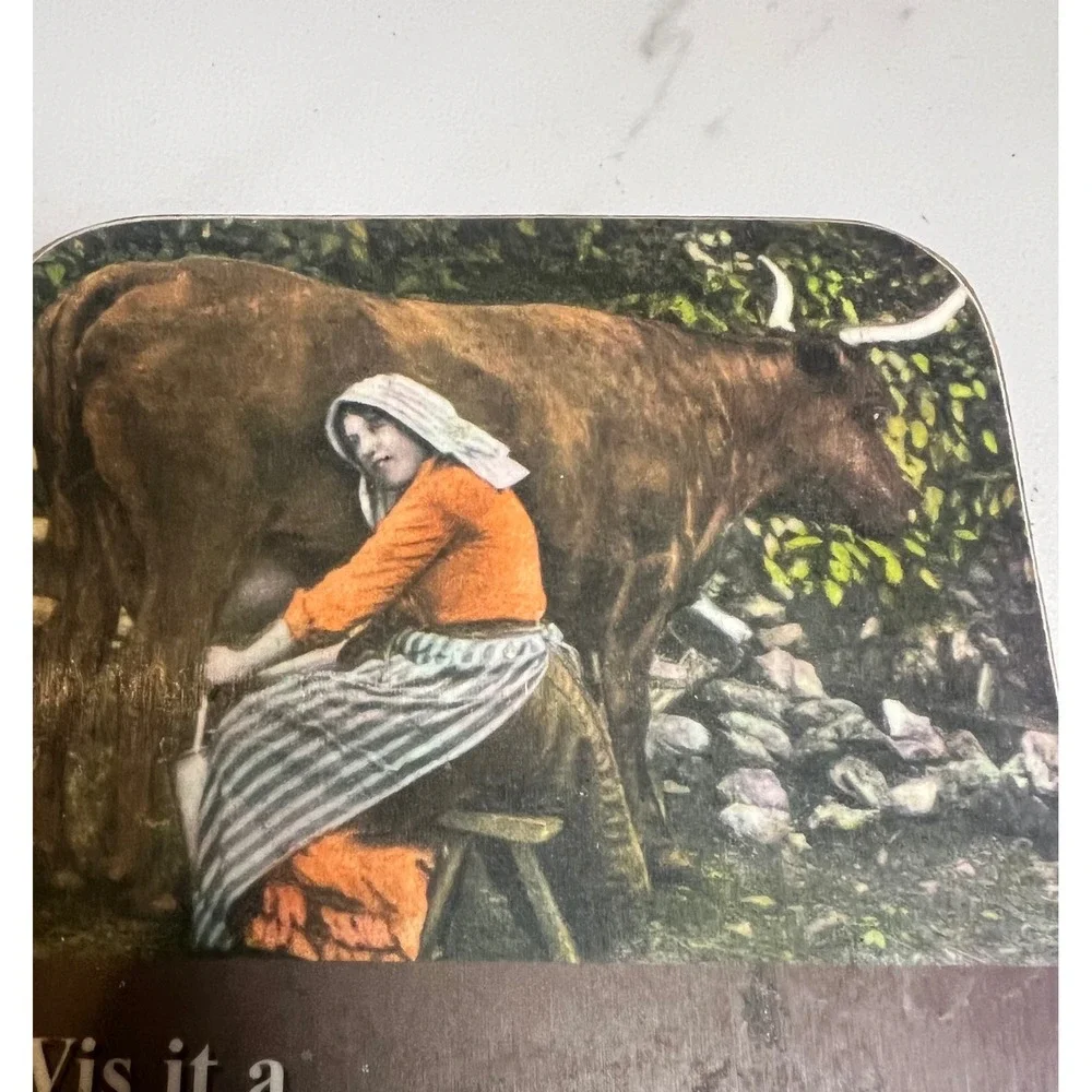 Vintage Style‎ Cow Milkmaid Double Latte Humorous Drink Coaster Brown 3.75 Inch